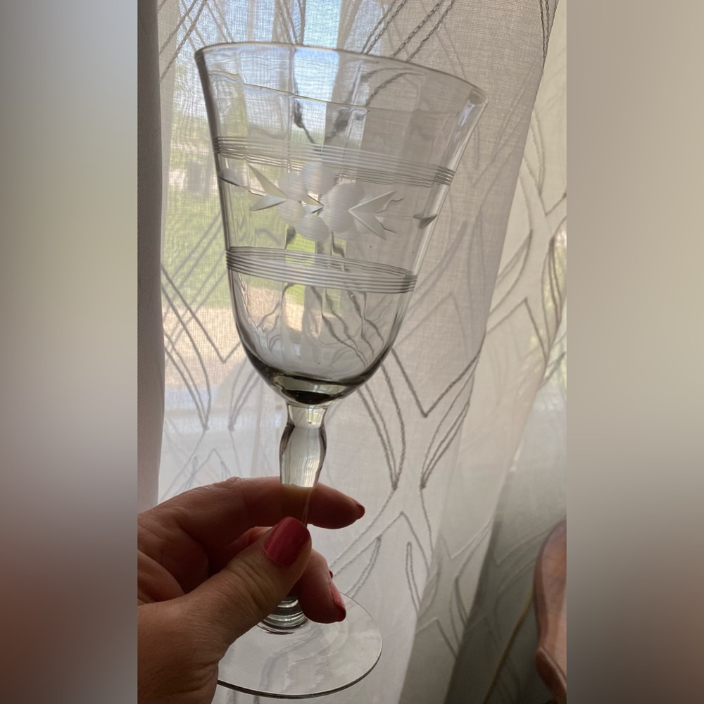 Smoky crystal etched wine glasses. Vintage beauty.🩵